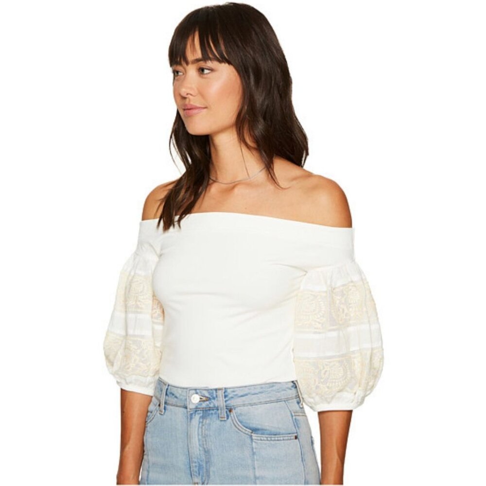 Free People Ivory Knit Top Rock With It Embroidered off Shoulder Size : med